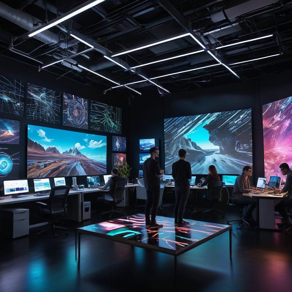 A futuristic digital landscape showcasing a creative workspace filled with advanced video editing tools and holographic screens displaying vibrant visual effects. Artists and creators are brainstorming ideas, with virtual reality headsets on and drones capturing video from above. The atmosphere is dynamic, illustrating innovations in video content creation. neon colors, high-tech elements, and abstract patterns. super-realistic.