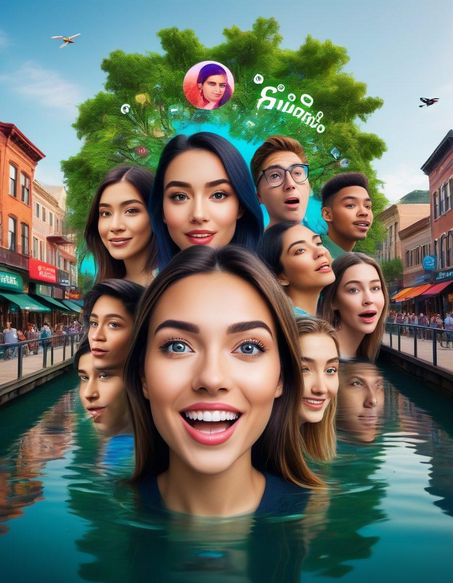 A dynamic scene capturing diverse individuals vlogging in various environments – a bustling city street, a serene nature backdrop, and a cozy home setting. Include modern tech elements like cameras and drones, with vibrant expressions of excitement and creativity on their faces. Highlight the influence of digital media through social media icons floating around. super-realistic. vibrant colors. urban and natural elements.